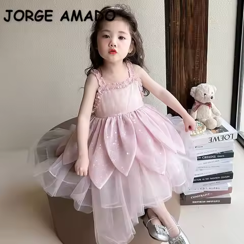 New Summer Kids Girl Party Dress Sleeveless Spaghetti Strap 3D Petal Sequin Tulle Tutu Birthday Cost