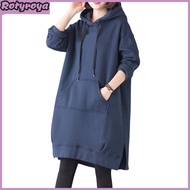 Women Fall Winter Hoodie with Big Pocket Drawstring Slit Hem Solid Color Loose Knee Length Thick Top