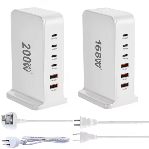 200W 168W Desktop GaN Quick PD Charger 6 Ports USB Type C USA EU AUS UK Plug Adapter Mobile Phone La