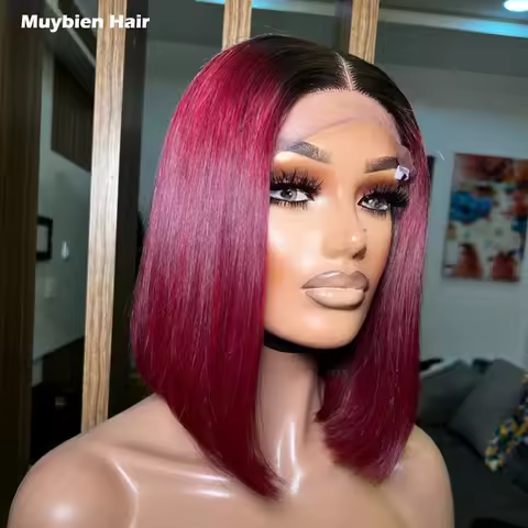 Super Double Drawn Vietnamese Bone Straight Bob Wig 4by4 Closure Wine Color with Dark Roots Bob Read