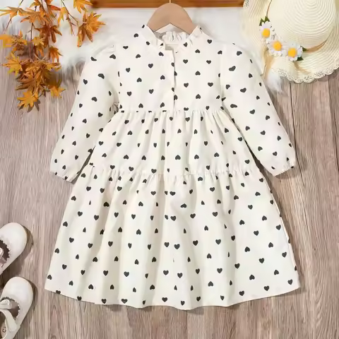 New Fall Girls' Dresses Stylish Black Heart Print Dress for Young Girls Princess-Style Loose Fit wit