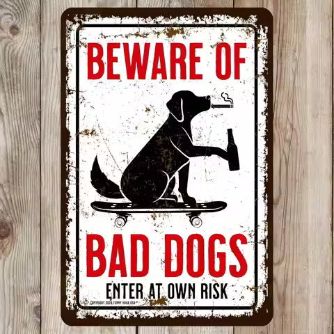 Beware of Bad Dog Metal Sign, Vintage Skateboarding Design, Decorative Warning Sign for Home (Plural