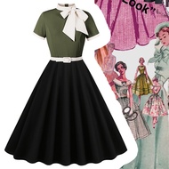 Gaun Pesta Makan Malam Vintage ~mid sleeves contrasting color lapel artistic elegant dress