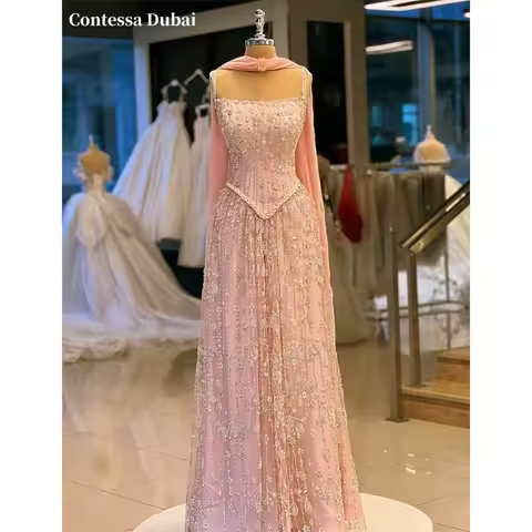 Contessa Custom Pink Square Neck Evening Dress Floral Beaded Tulle Prom Dresses Corset Vestidos De N