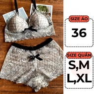 Bộ đồ lót ren họa tiết trắng gân đen 🔥NS368 áo không gọng quần boxer Nhà Sò