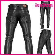 LEUC3M รถมอเตอร์ไซด์ผู้ชายรถจักรยานยนต์หนัง Pu กางเกงหนังสีดำร็อคโรลขนาดพิเศษกางเกงเลกกิ้งแบบบาง