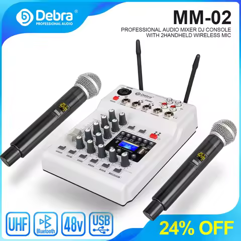 Debra Audio MM-02 DJ Mixer Console With UHF 2 Wireless Microphones with 48V Phantom Power (Mixer Aud
