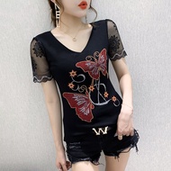 ทันสมัย เสื้อยืด Rhinestone ผู้หญิง แขนสั้น ฤดูร้อน Wear Unique ดีไซน์ มีสไตล์ Top พรางหุ่น หลากหลาย
