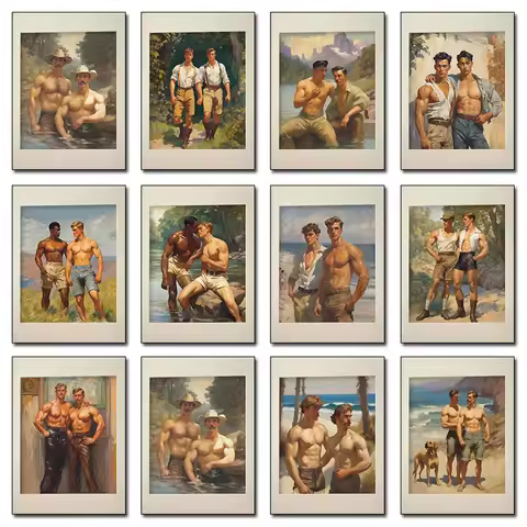 Vintage Muscular Man Gay Male Body Kiss Forest Walk Poster Print Wall Art Pictures Canvas Painting R