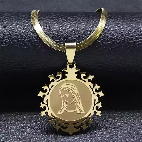 Religious Virgin Mary Prayer Necklaces for Women Men Stainless Steel Gold Color Christianity Medal N