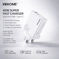 WEKOME WP-U64 45W Super Fast Charger Dual Port USB + Type-C UK Plug Fast Charging Adapter for iPhone