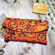 日本限量牛津棉布橘紅福神達摩不倒翁拉鍊布紅包袋-下方拉鍊紅包-