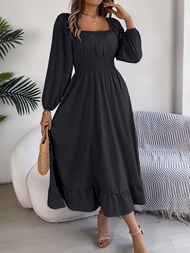 Elegant Square Neck Shirred Waist Ruffle Hem Long Sleeve Dress  Womens Clothing