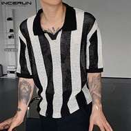 INCERUN เสื้อลายทางแฟชั่นของผู้ชายเสื้อลำลองมีปกเสื้อแขนสั้นมีปก (สไตล์เกาหลี)