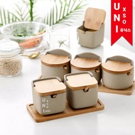 Unixso Japanese Korean Cute Unique Pottery Spice Oil Jar Set Bamboo Wood | Tempat Bumbu Minyak Dapur