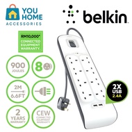 Belkin 8-outlet Surge Protection Power Extension Socket with 2 USB Ports 2.4 Amp (2m)