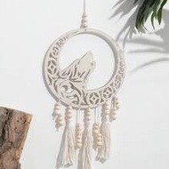 1pc Bohemian Wolf Moon Wall Hanging, Howling Wolf Wooden Dreamcatcher, Bohemian Wolf And Moon Tassel