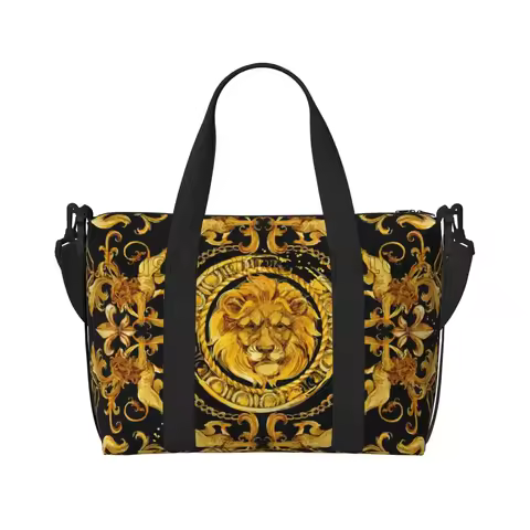 Golden Lion Baroque Pattern Travel Duffel Bag Personalized Weekender Bags with Shoulder Strap Unisex
