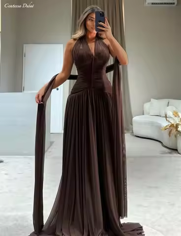 Contessa Customized Brown Chiffon ribbon Halter Neck Prom Dress pleated skirt robes de soirée Floor-