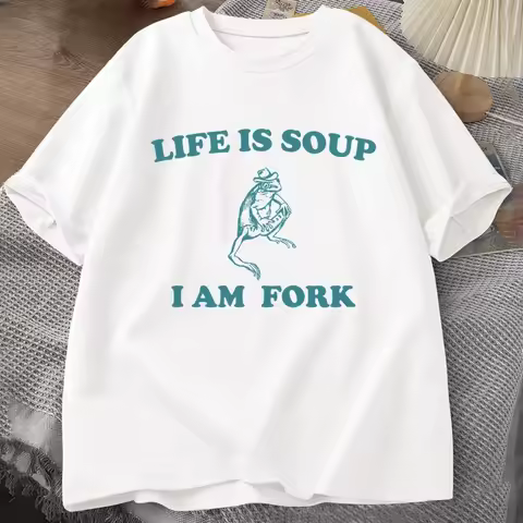 Life Is Soup I Am Fork Frog Graphic Summer T-shirt Unisex Funny Retro Cotton T-Shirt Animal Printed 
