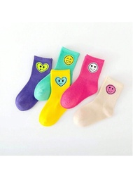5 Pairs of New Four-Season Childrens Socks with Smiley Face Expressions for Boys and Girls Mid-Calf
