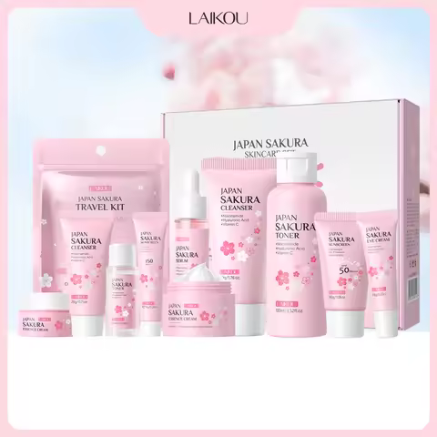 LAIKOU Japan Sakura Full Skincare Set Cleanser Toner Serum Cream Eye Cream Sunscreen Travel Kit Comp
