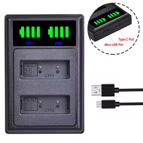 LED Dual Charger with Type C port for BLS-5 BLS-50 PS-BLS5 battery Olympus OM-D E-M10,PEN E-PL2,E-PL