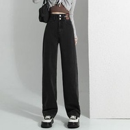 黑色高腰闊腿牛仔褲女春裝2025年新款小個子九分褲寬鬆顯瘦直筒褲-黑灰 S