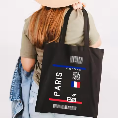 Paris New York Shoulder Bag London Flight Ticket First Class Women Canvas Black Handbags Totes Eco R