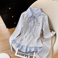 Plaid Lace-Up Stitched Polo T-shirt with Embroidered Collar - Casual Spring/Autumn Wear for Women