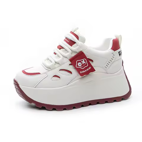 Womens White Red Color Block Platform Chunky Heel Sneakers Cartoon Logo Breathable Lace Up Casual Da