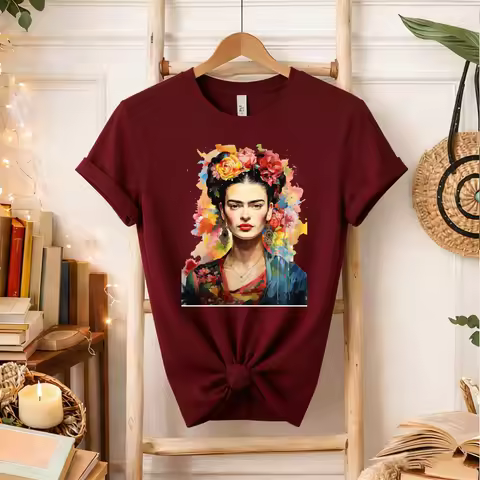 Frida Kahlo T-Shirt Watercolor Floral Portrait Graphic Tee Vintage Mexican Artist Shirt Boho Feminis