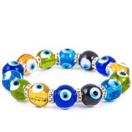 12mm多色土耳其大塊玻璃惡魔之眼配墊圈手鍊，Evil Eye 16顆邪眼手帶 藍眼圖騰邪惡的眼睛魔眼藍白相間圓形眼晴辟邪擋小人時尚潮物(VTR-BRACELET-12EYE-MULTI-COLOR)