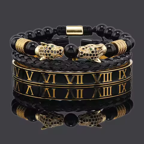 Luxury Black Stone Beads Leopard Head Man Bracelet Enamel Stainless Steel Roman Bangles Women Jewelr