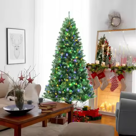 7ft Artificial Christmas Tree, Pre-lit Xmas Tree 9 Lighting Modes w/ 1181 PVC Branch Tips & 500 Colo