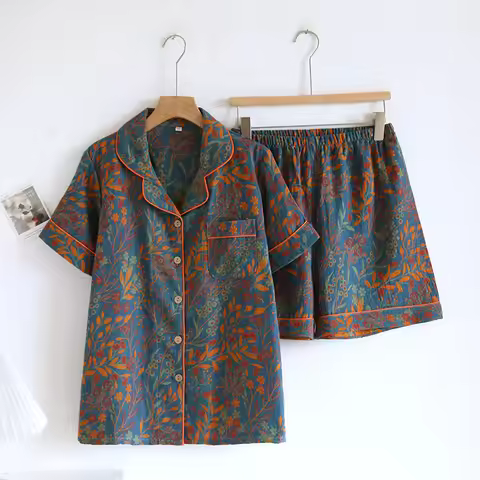 Women's Short Sleeved Shorts Newest Cotton Jacquard Yarn Woven Floral Printed Cardigan Summer Home P