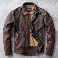 Retro Distressed First Layer Cowhide Genuine Leather Jacket Men Red Brown Leather Jacket Men Cycling Jersey Tuxtail Motorcycle Slim-fit Lapel