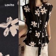 Lovito Elegant Blouse Flowers Belted Spring/summer Black Blouse for Women L150AD828 Lovito Blus Tiar