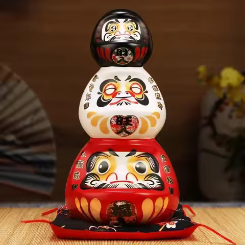 11 Inch Ceramic Daruma Tower Japanese Porcelain Maneki Neko Collectible Figurine Dharma Good Luck Ze