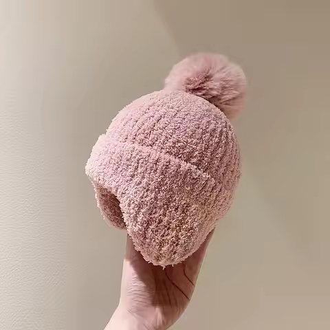 Winter Warm Baby Ear Protection Hat Solid Color Coral Velvet Kids Pompom Beanies Bonnet Plush Ball C