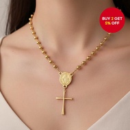 Vintage Coin Rosary Saint Benedict Pendant Necklace with Gold Cross Bead Chain for Unisex