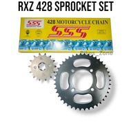 YAMAHA RXZ RXZ CATALYZER RXZ MIRI RANTAI CHAIN SSS 428 COMPLETE SET FRONT + REAR SPROCKET DEPAN BELA