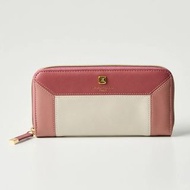 日本 HIROKO KOSHINO 淺粉米白拼色皮革 長型 拉鏈 銀包