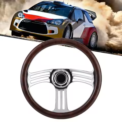 14in Steering Wheel Steering Wheel Replacement 350mm/14in Dark Wood Grip 6‑ Chrome 3‑Spoke Steering 