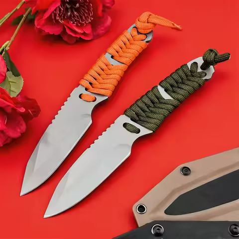 Paracord-Wrapped Fixed Blade Knife with Protective Sheaths, 8Cr13Mov Steel, Compact EDC Tools for Ou