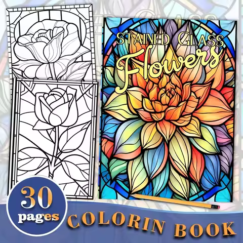 30 Pages Stained Glass Flowers Adult Coloring Book, 8.3X 11.7inch , Vibrant Paper Art Set - Ideal Re