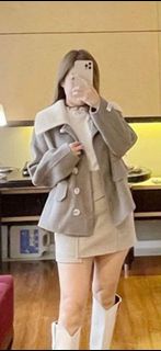 全新現貨一件 超高質保暖 韓國直送 made in korea 灰色 可拆白色冷領 牛角鈕扣 羊毛絨外套 free size