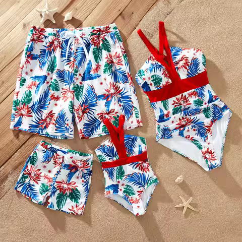 PatPat Matching Family Swimsuits Tropical Plant Print Red Spaghetti Strap One-piece Swimsuit or Swim