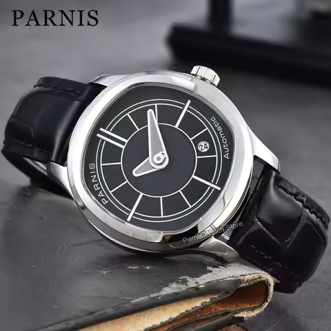 Parnis 41mm 5ATM Stainless Steel Sapphire Glass Automatic Leather Strap Wristwatch