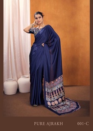 Satin Crepe Sarees with Beautiful Ajrakh Digital Print Design Sarees for women comes with Satin Crep